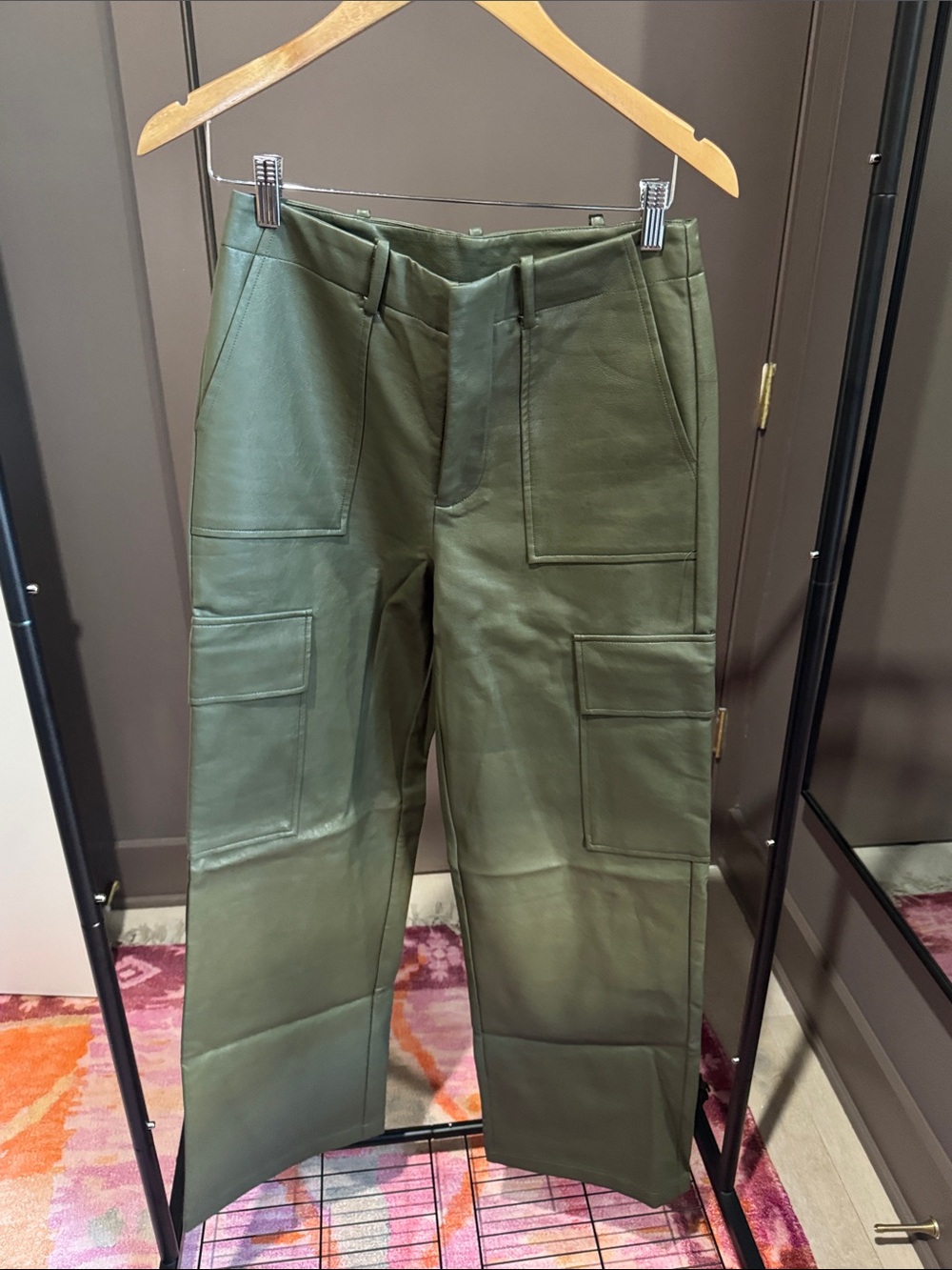 Wayf Olive Green Wide-Leg Faux Leather Cargo Pants